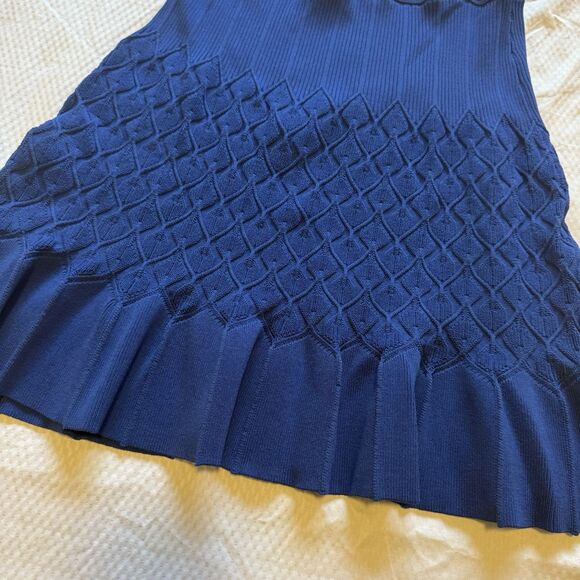 Sandro Paris Blue Textured Stretch Knit Mini Fluted Skirt Pleated Hem Size 3 (L) - Picture 4 of 8